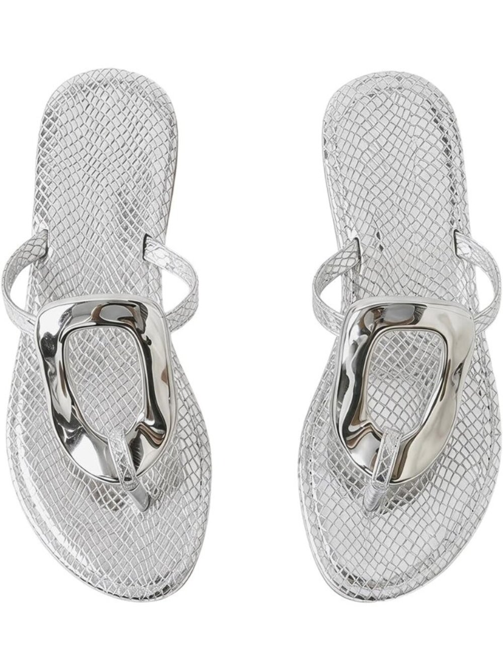 Women's Silver Faux Leather Lightweight Open Toe Sandals Flip Flops Flats Sandal